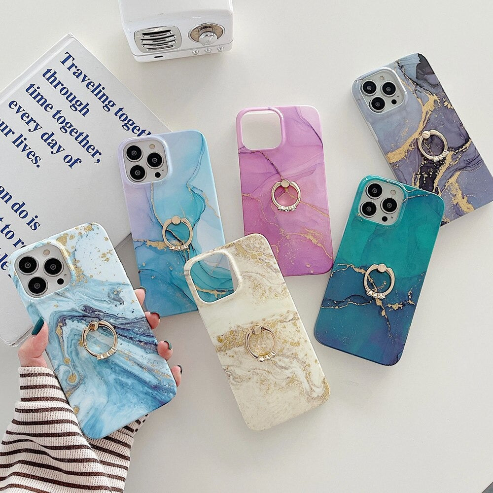 Anymob iPhone Case Turquoise Gradient Glitter Marble Pattern Ring Holder Stand Soft Silicone Shockproof Coque Mobile Cover iPhone 12 11 13 Pro Max-Mobile Phone Cases-PEROZ Accessories