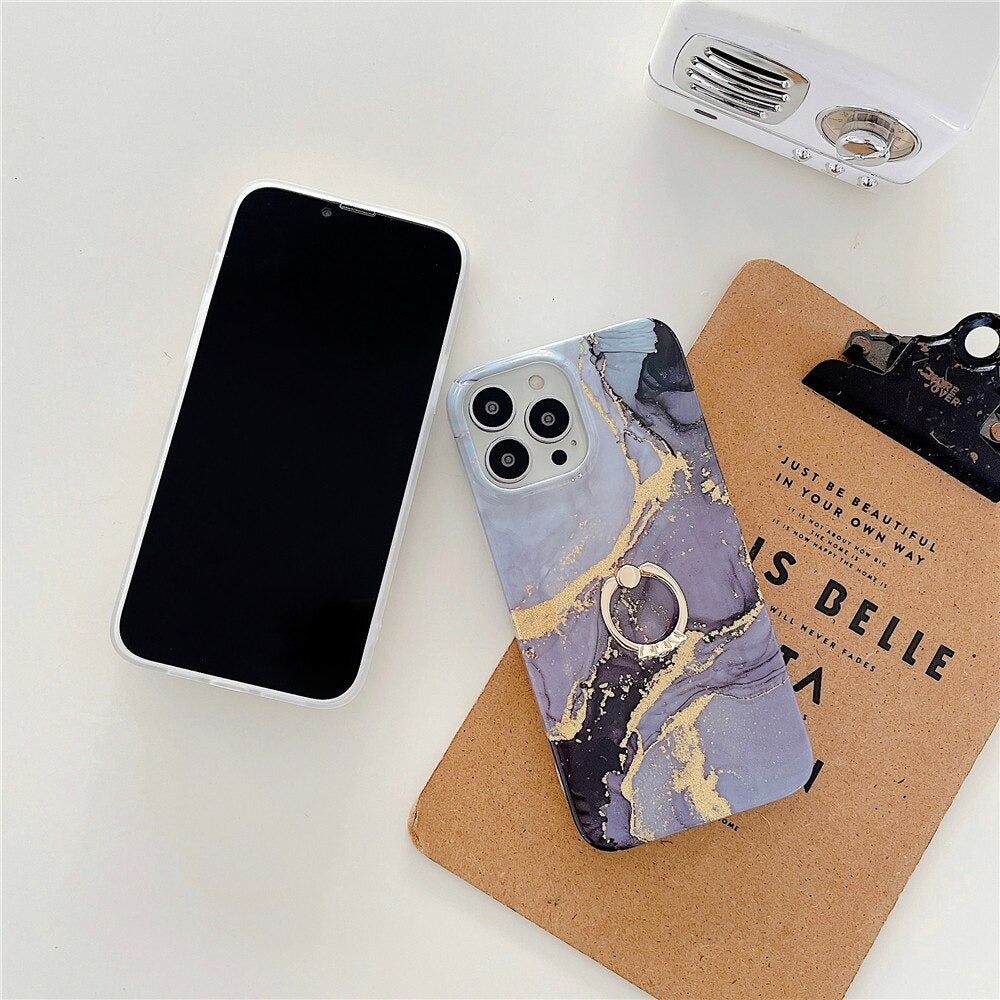 Anymob iPhone Case Turquoise Gradient Glitter Marble Pattern Ring Holder Stand Soft Silicone Shockproof Coque Mobile Cover iPhone 12 11 13 Pro Max-Mobile Phone Cases-PEROZ Accessories