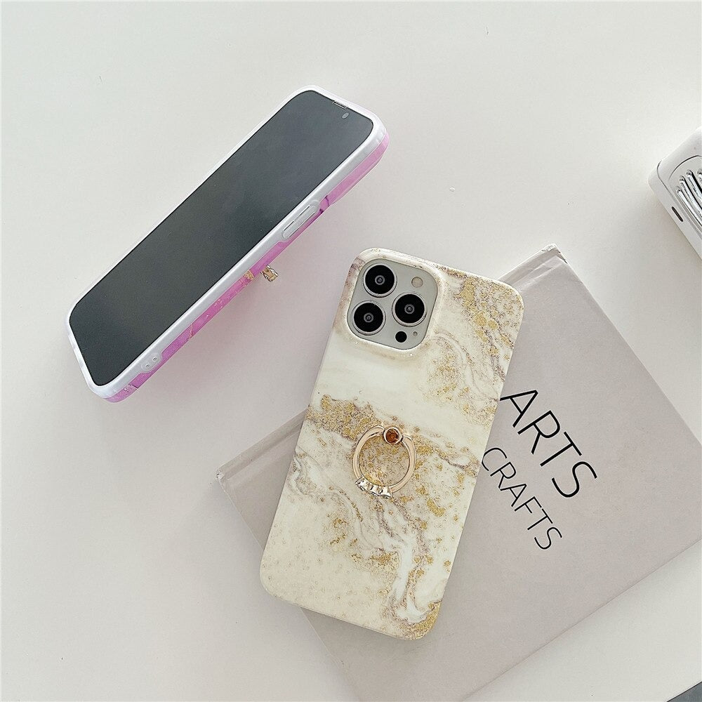Anymob iPhone Case Turquoise Gradient Glitter Marble Pattern Ring Holder Stand Soft Silicone Shockproof Coque Mobile Cover iPhone 12 11 13 Pro Max-Mobile Phone Cases-PEROZ Accessories