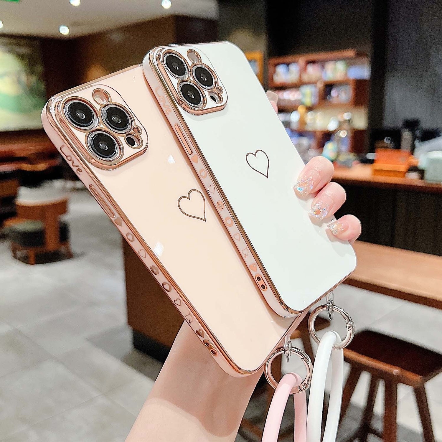 Anymob iPhone Plating White Pink Love Heart Circle Wristband Phone Case Soft Silicone Camera Protection Back Cover Bumper iPhone Compatible-Mobile Phone Cases-PEROZ Accessories
