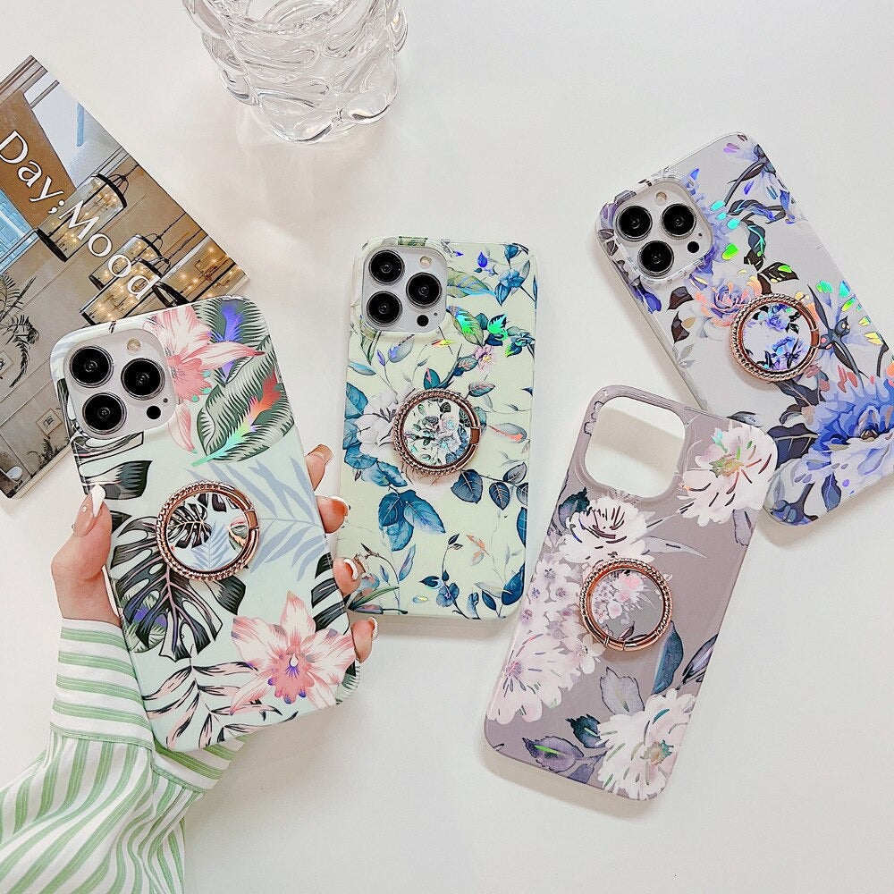 Anymob iPhone Case Purple Laser Retro Flowers with Ring Holder Soft Cover Compatible-Mobile Phone Cases-PEROZ Accessories
