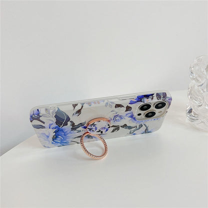 Anymob iPhone Case Blue Laser Retro Flowers with Ring Holder Soft Cover Compatible-Mobile Phone Cases-PEROZ Accessories