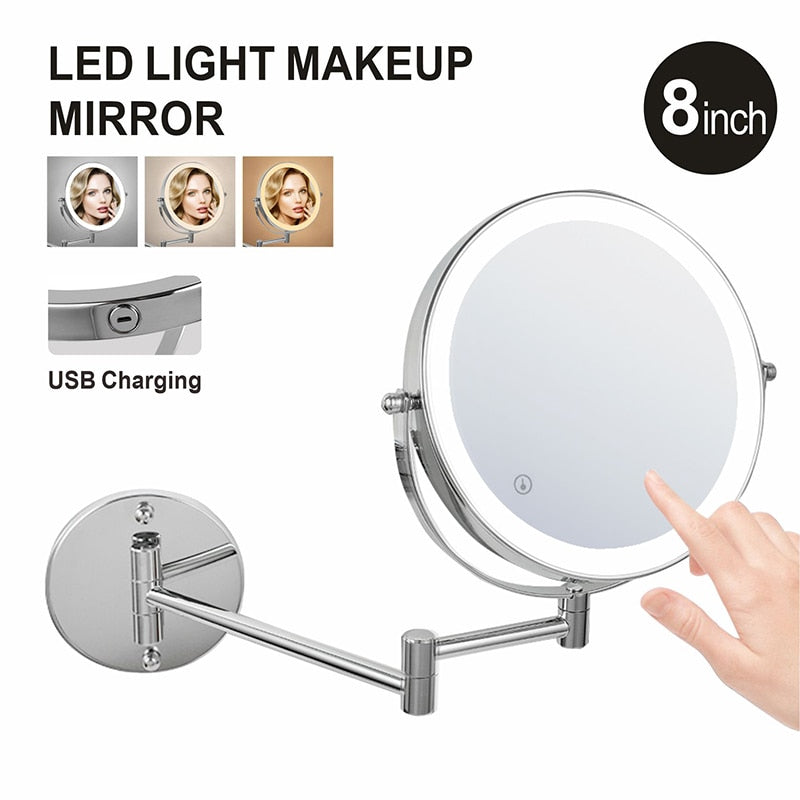 Anyvogue 8in Wall Mounted Smart LED Makeup Mirror Double Sided 3 Light Switch Touch Dimming Adjustable 5x Magnification USB Type-Makeup Mirror-PEROZ Accessories