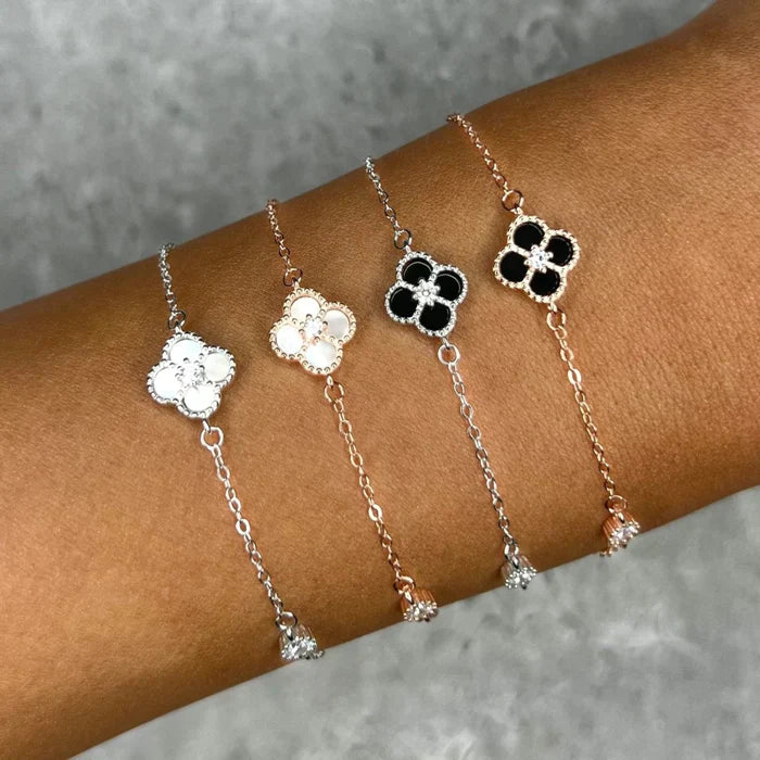 Anyco Bracelet Sterling Silver Clear White 4 Four Leaf Clover Bracelet 5A Cubic Zirconia Link Chain Tennis Bracelets-Bracelets-PEROZ Accessories