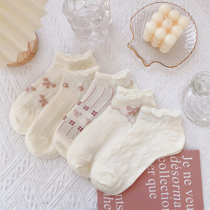 Anysox 5 Pairs One Size 35-40 Summer Short Boat Invisible Chaussette Ribbon Print Cotton Ankle Breathable Women Sock-Socks-PEROZ Accessories