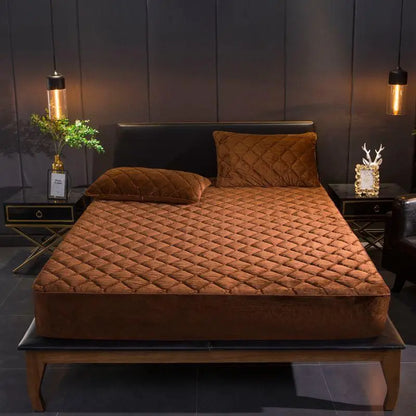 Anyhouz Mattress Cover Coffee 160x200cm Crystal Velvet Thicken Quilted Warm Soft Plush Bed Sheet-Bed Sheets-PEROZ Accessories