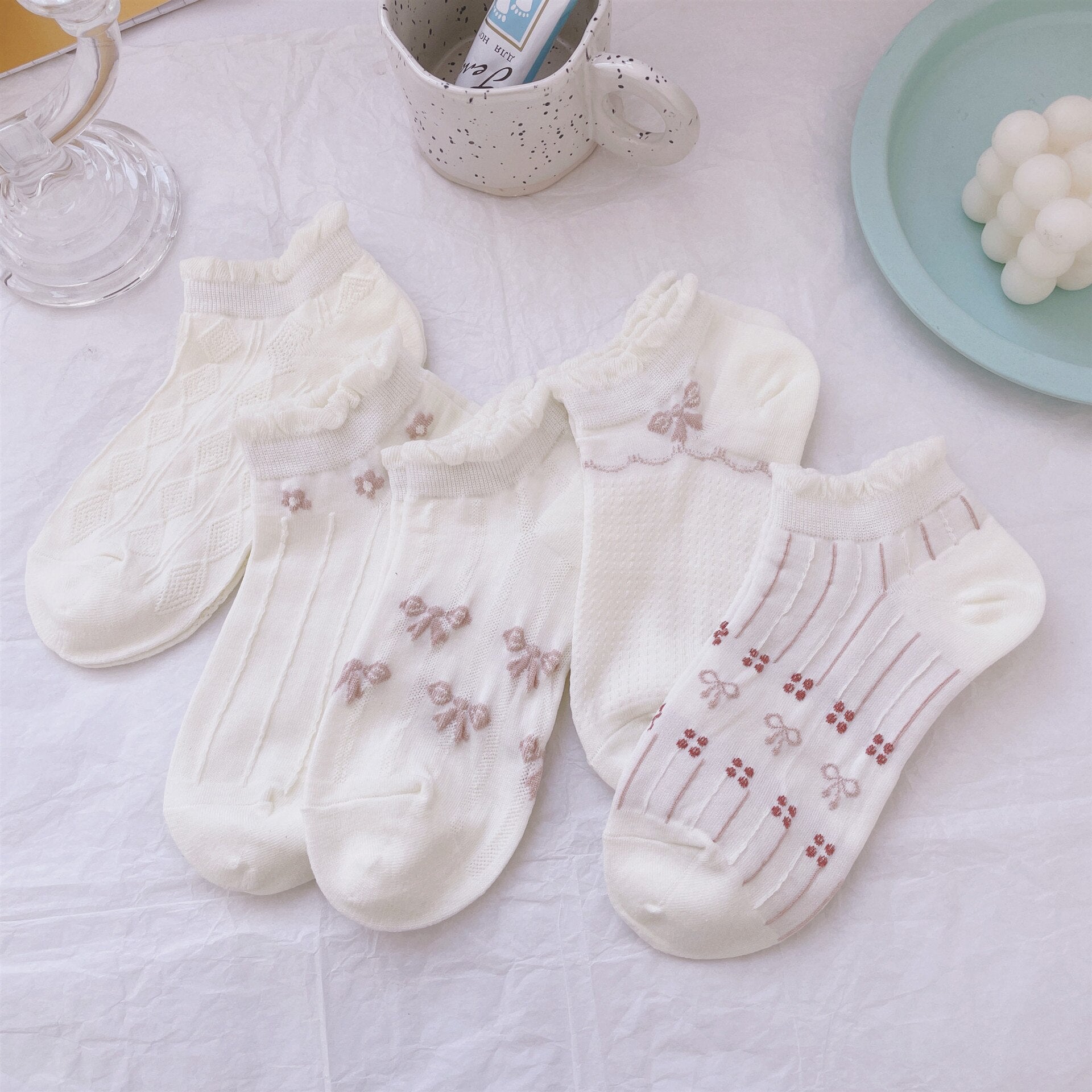 Anysox 5 Pairs One Size 35-40 Summer Short Boat Invisible Chaussette Diamond Wave Cotton Ankle Breathable Women Sock-Socks-PEROZ Accessories