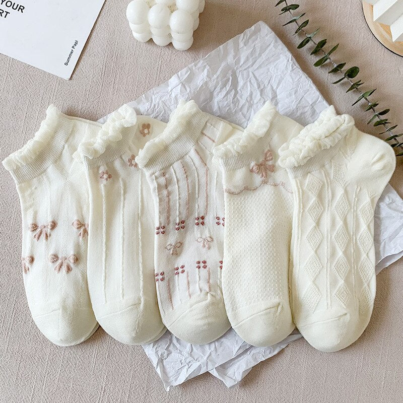 Anysox 5 Pairs One Size 35-40 Cute Summer Short Boat Invisible Chaussette Ribbon Print Cotton Ankle Breathable Women Sock-Socks-PEROZ Accessories