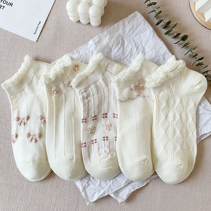 Anysox 5 Pairs One Size 35-40 Summer Short Boat Invisible Chaussette Ribbon Print Cotton Ankle Breathable Women Sock-Socks-PEROZ Accessories
