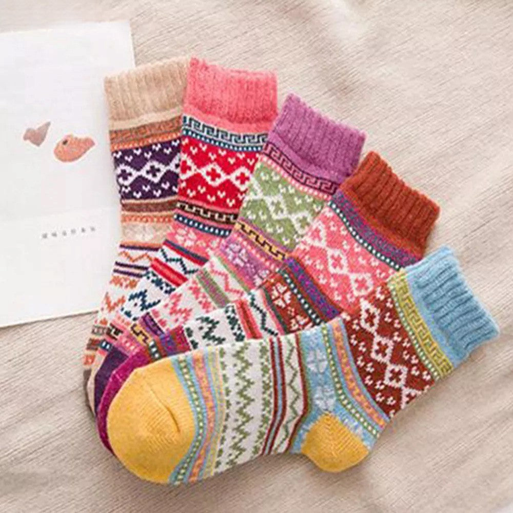 Anysox 5 Pairs Size 5-9 of Fashion Thick Warm wool Women Socks Red Colored Casual National Wind Flower Designed Cotton For Men Woman Foot Accessories-Socks-PEROZ Accessories