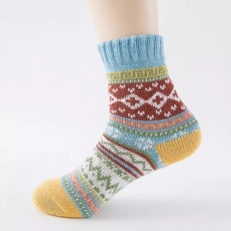Anysox 5 Pairs Size 5-9 of Fashion Thick Warm wool Women Socks Blue Colored Casual National Wind Flower Designed Cotton For Men Woman Foot Accessories-Socks-PEROZ Accessories