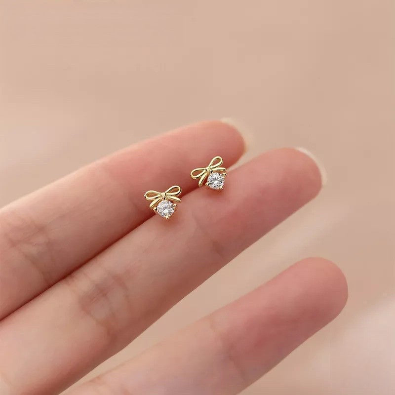 Anyco Fashion Earrings Silver 925 Sterling Sweet Bowknot Crystal Zircon Small Stud for Women Ladies Jewelry-Earrings-PEROZ Accessories