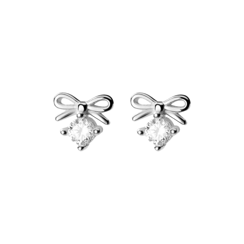 Anyco Fashion Earrings Silver 925 Sterling Sweet Bowknot Crystal Zircon Small Stud for Women Ladies Jewelry-Earrings-PEROZ Accessories