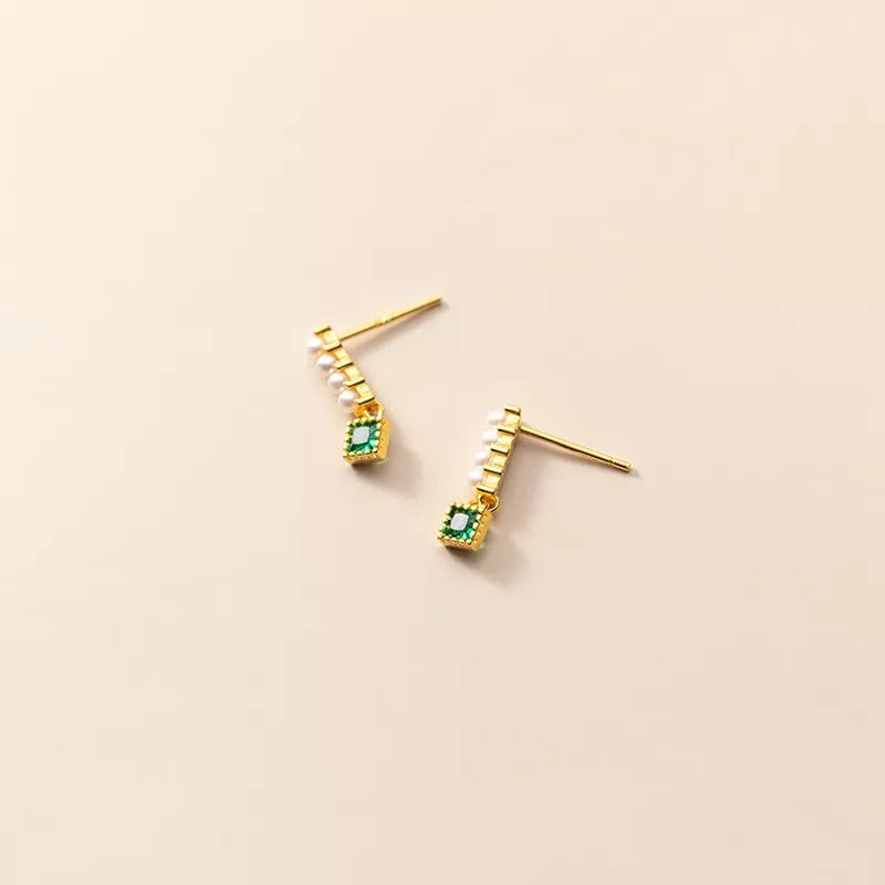 Anyco Fashion Earrings Gold 925 Sterling Simple Luxury Green Zircon Pearl Pendant Stud for Women Spanish Wedding Fine Jewelry-Earrings-PEROZ Accessories