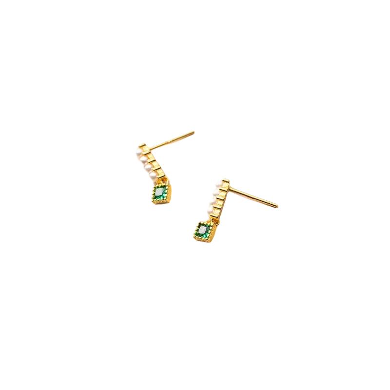 Anyco Fashion Earrings Gold 925 Sterling Simple Luxury Green Zircon Pearl Pendant Stud for Women Spanish Wedding Fine Jewelry-Earrings-PEROZ Accessories