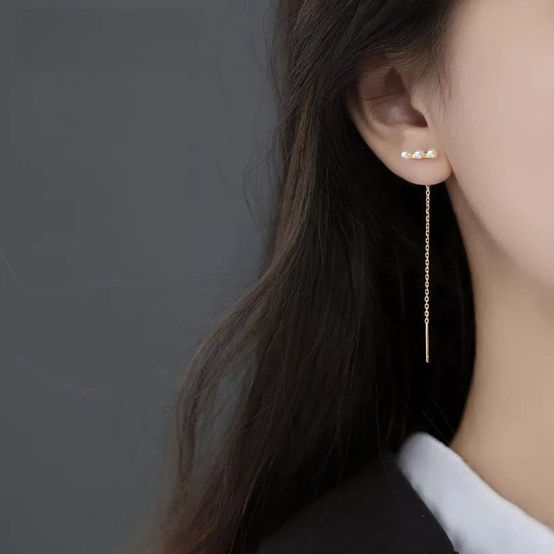Anyco Fashion Earrings Gold 925 Sterling Simple Synthetic Pearl Chain Tassel Long Ear Line for Women Cute Party Jewelry Gift-Earrings-PEROZ Accessories
