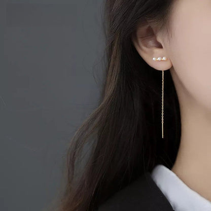 Anyco Fashion Earrings Gold 925 Sterling Simple Synthetic Pearl Chain Tassel Long Ear Line for Women Cute Party Jewelry Gift-Earrings-PEROZ Accessories