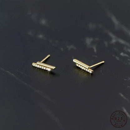 Anyco Fashion Earrings Gold Strip Shiny Zircon Small Stud Simple Unique Elegant Party Jewelry for Women-Earrings-PEROZ Accessories