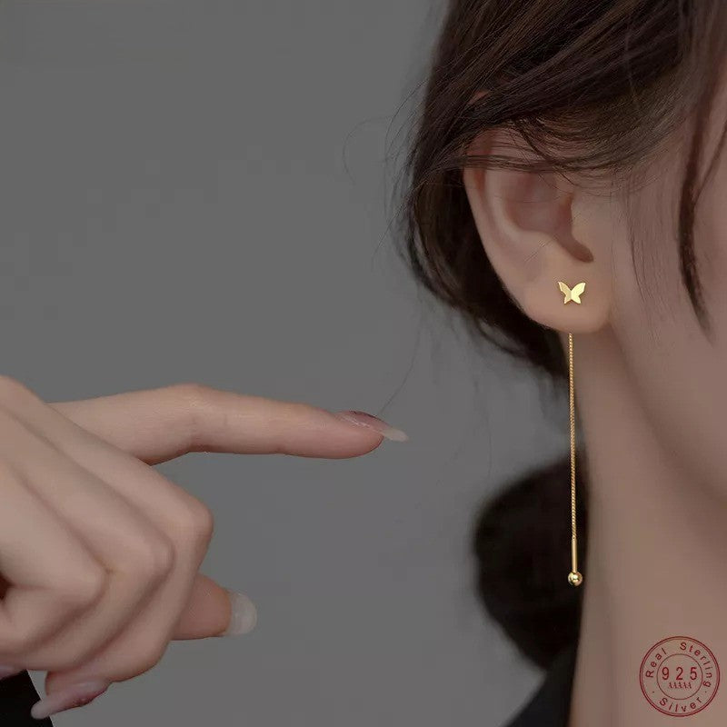 Anyco Fashion Earrings Gold 925 Sterling Silver Sweet Romantic Butterfly Tassel Ear Line Drop for Women Jewelry Gift-Earrings-PEROZ Accessories