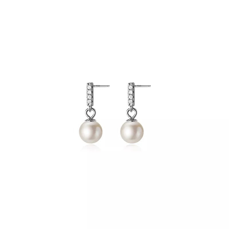 Anyco Fashion Earrings Sterling Silver Trendy Pave Zircon Pearl Pendant Stud for Women Chic Charm Party Jewelry Accessories-Earrings-PEROZ Accessories