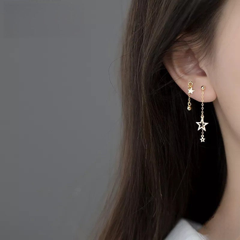Anyco Fashion Earrings Gold 925 Sterling Silver Simple Chain Sweet Star Tassel Pendant Drop for Women Jewelry-Earrings-PEROZ Accessories
