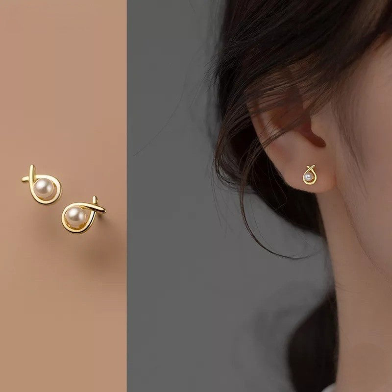 Anyco Fashion Earrings Gold 925 Sterling Silver Simple Geometric Line Synthetic Pearl Small Stud for Women Piercing Jewelry-Earrings-PEROZ Accessories