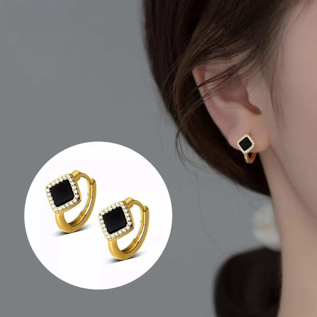 Anyco Fashion Earrings Gold 925 Sterling Silver Luxury Gothic Black Enamel Diamond Huggies Hoop Women Jewelry-Earrings-PEROZ Accessories