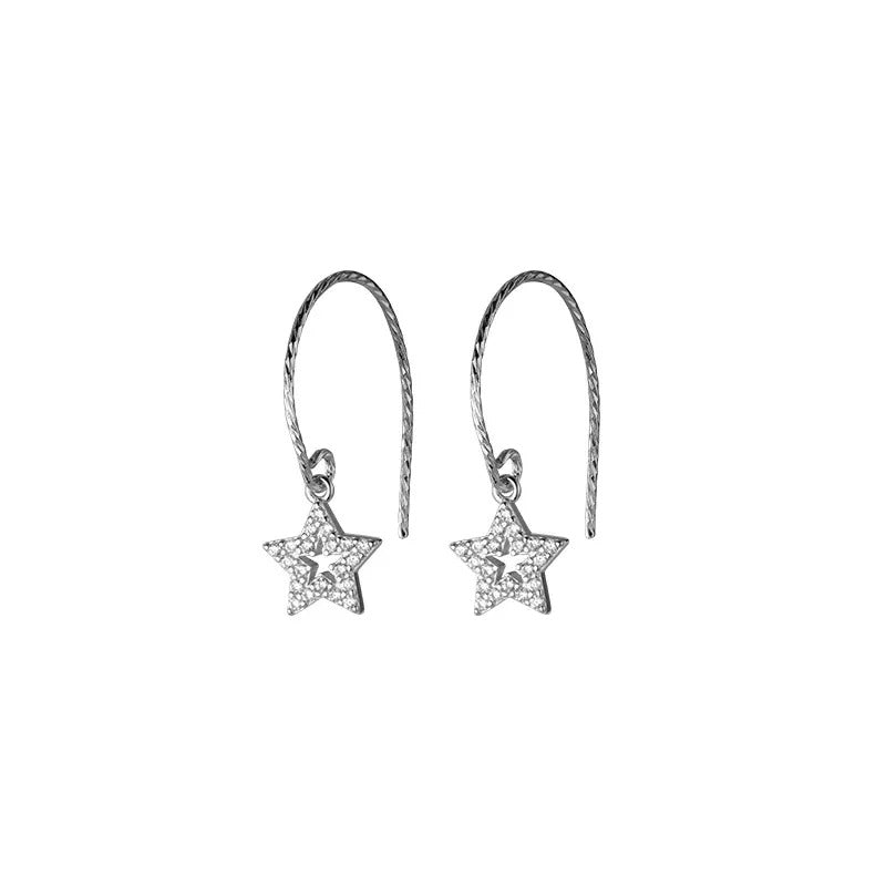 Anyco Fashion Earrings Real Genuine Sterling Silver Romantic Tassel Hollow Shiny Zircon Star Cute Charm Pendant Jewelry for Women-Earrings-PEROZ Accessories