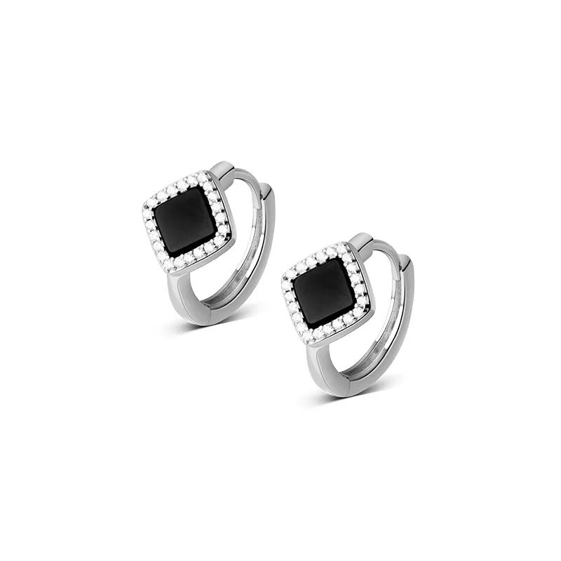 Anyco Fashion Earrings Silver 925 Sterling Luxury Gothic Black Enamel Diamond Huggies Hoop Women Jewelry-Earrings-PEROZ Accessories