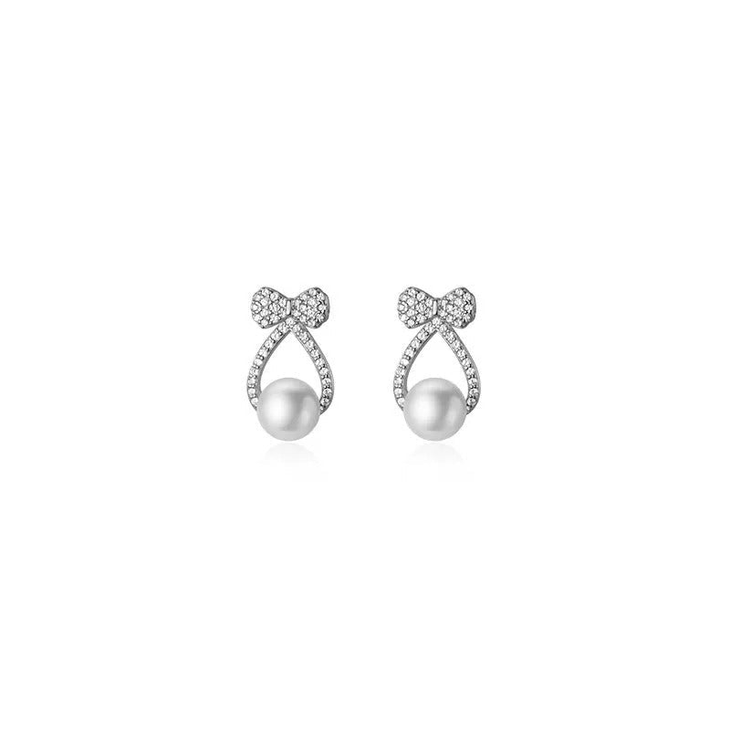 Anyco Fashion Earrings Silver 925 Sterling Shiny Zircon Bow Natural Pearl Hollow Stud for Women Jewelry-Earrings-PEROZ Accessories