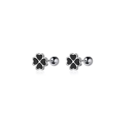 Anyco Fashion Earrings Sterling Silver Chic Black Zircon Four-leaf Clover Spiral Bead Stud for Women Party Wedding Jewelry-Earrings-PEROZ Accessories