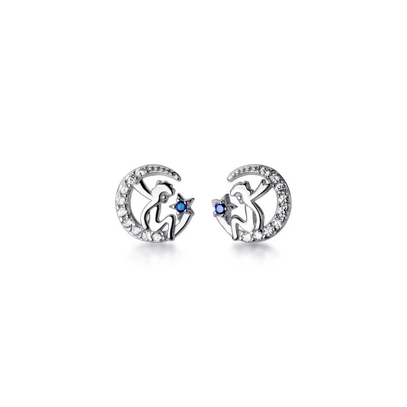 Anyco Fashion Earrings Genuine Sterling Silver Blue Zircon Petite Moon Little Prince Stud Earrings for Women Jewelry Gift-Earrings-PEROZ Accessories