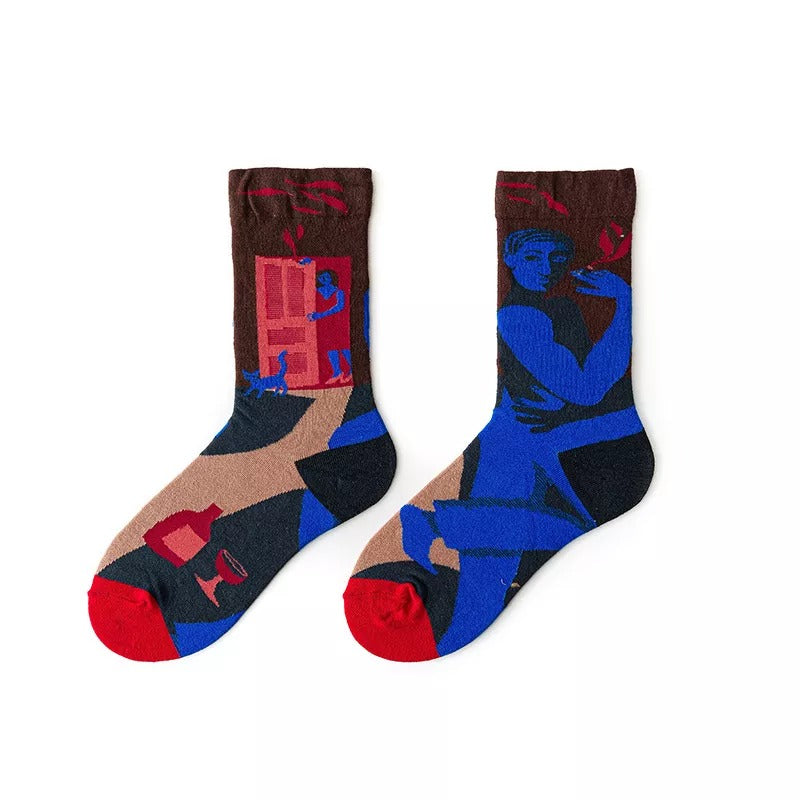 Anysox 5 Pairs Size 5-9 Fashion Long Sock Cartoon Personalized Creative Nature Blue Human Abstract Art For Men Woman Foot Cold Winter Warm Comfortable-Socks-PEROZ Accessories
