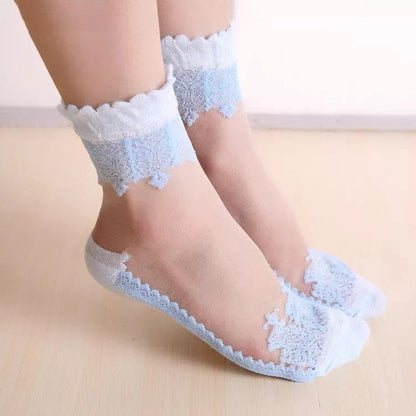 Anysox 5 Pairs Size 5-9 Fashion Socks Summer Lace Embroidery Breathable Silk Transparent Glass Crystal Stretch for Women Sky Blue-Socks-PEROZ Accessories