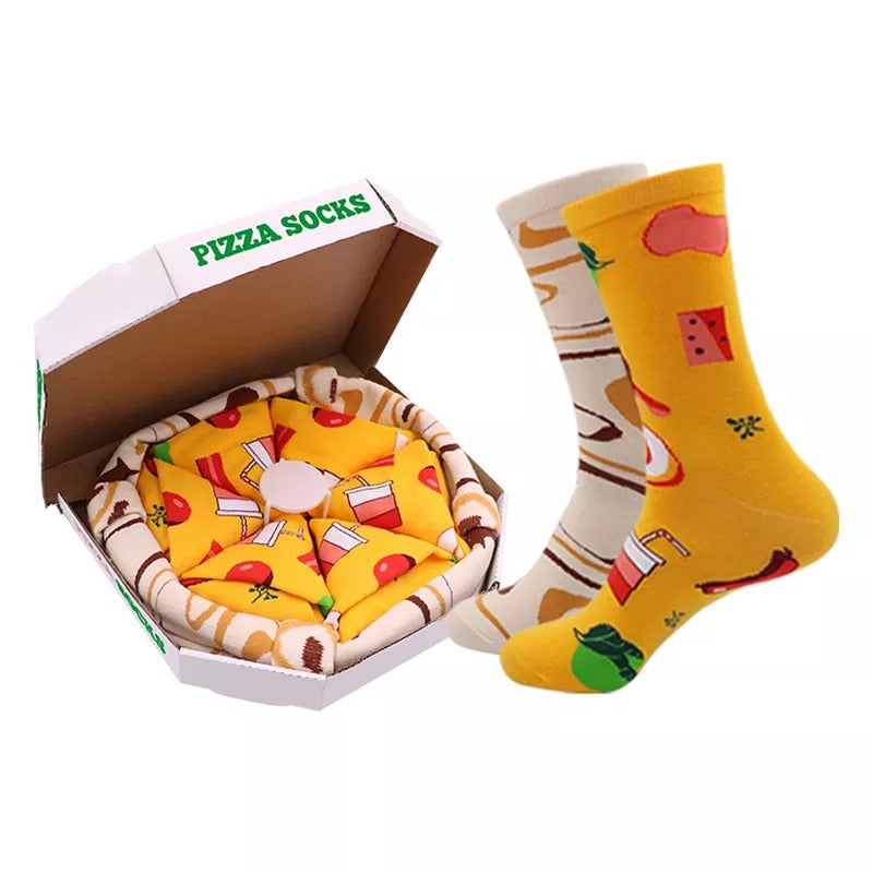 Anysox White and Mustard Size 5-11 Fashion Socks With Pizza Design Happy Harajuku Skate Cotton Comfortable To Wear Perfect For Christmas Gift-Socks-PEROZ Accessories