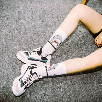 Anysox 5 Pairs Size 4-9 White Sports Socks Long Casual Shark Print Hip-hop breathable Unisex Skateboard Knitted Casual Sports Fashion-Socks-PEROZ Accessories
