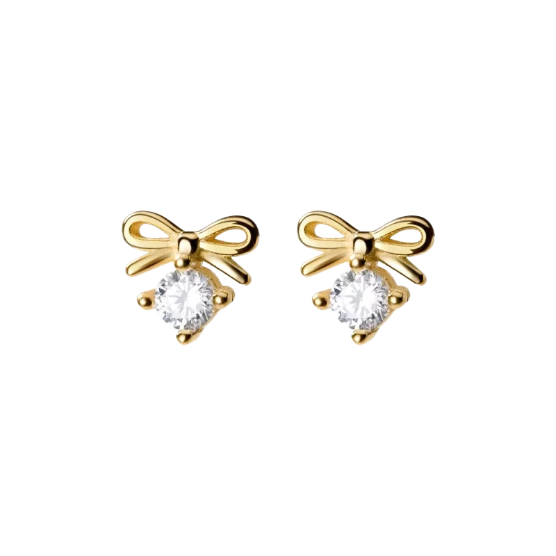 Anyco Fashion Earrings Gold 925 Sterling Silver Sweet Bowknot Crystal Zircon Small Stud for Women Ladies Jewelry-Earrings-PEROZ Accessories