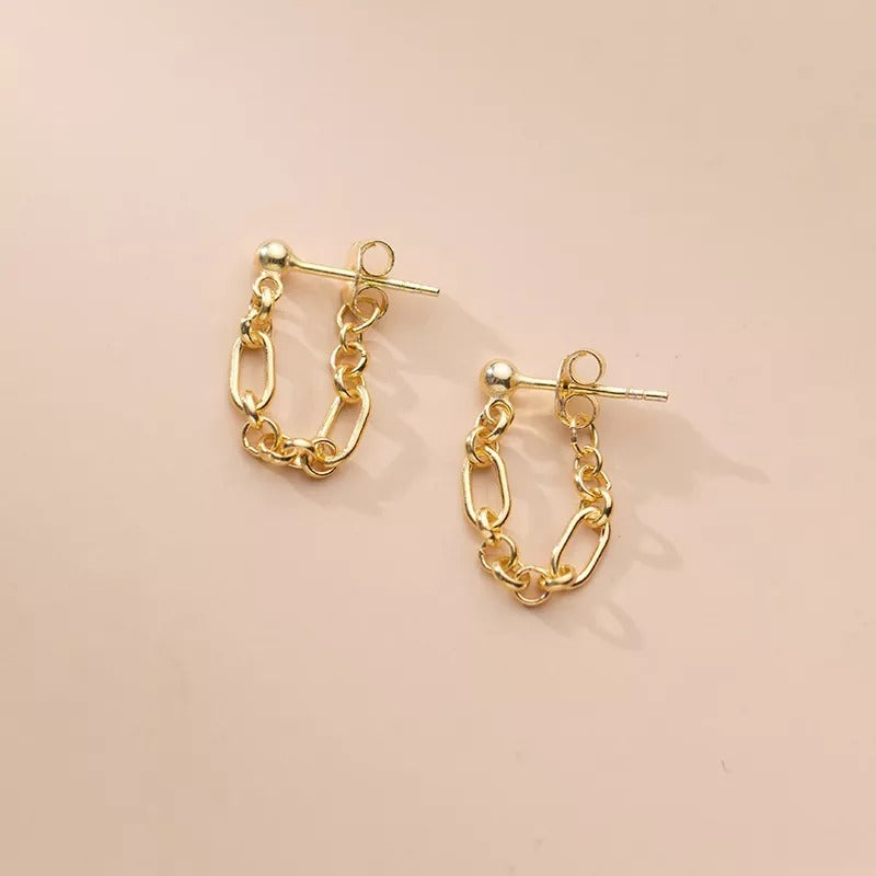 Anyco Fashion Earrings Gold 925 Sterling Silver Bohemian Link Chain Stud for Women Hollow Chain Jewelry Gift-Earrings-PEROZ Accessories