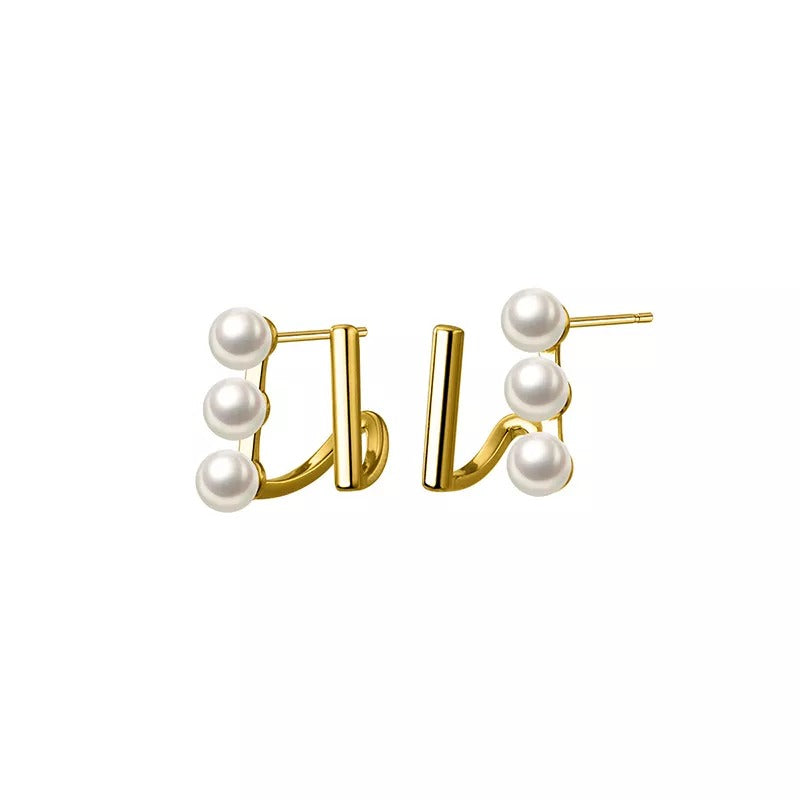 Anyco Fashion Earrings Gold 925 Sterling Silver Simple Double Statement Synthetic Pearl Stud for Women Jewelry-Earrings-PEROZ Accessories