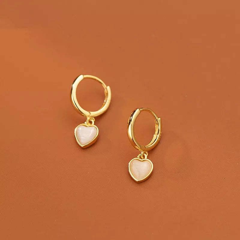 Anyco Fashion Earrings Gold 925 Sterling Silver Simple Love Heart Opal Pendant for Women Huggies Jewelry Gift-Earrings-PEROZ Accessories