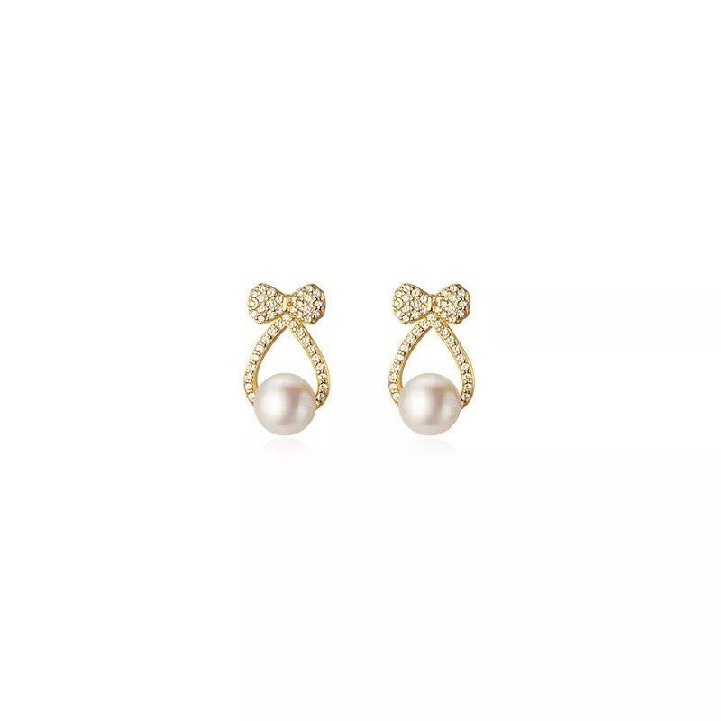 Anyco Fashion Earrings Gold 925 Sterling Silver Shiny Zircon Bow Natural Pearl Hollow Stud for Women Jewelry-Earrings-PEROZ Accessories