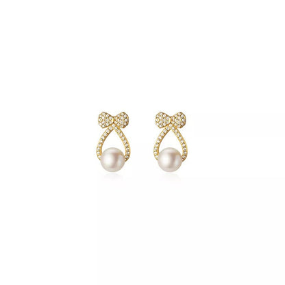 Anyco Fashion Earrings Gold 925 Sterling Silver Shiny Zircon Bow Natural Pearl Hollow Stud for Women Jewelry-Earrings-PEROZ Accessories