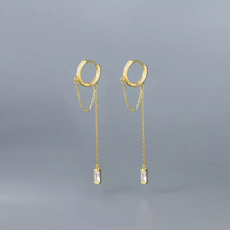 Anyco Fashion Earrings Gold 925 Sterling Silver Tassel Chain Square Zircon Ear Buckle for Women Jewelry Accessories-Earrings-PEROZ Accessories