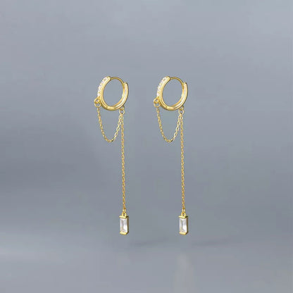 Anyco Fashion Earrings Gold 925 Sterling Silver Tassel Chain Square Zircon Ear Buckle for Women Jewelry Accessories-Earrings-PEROZ Accessories