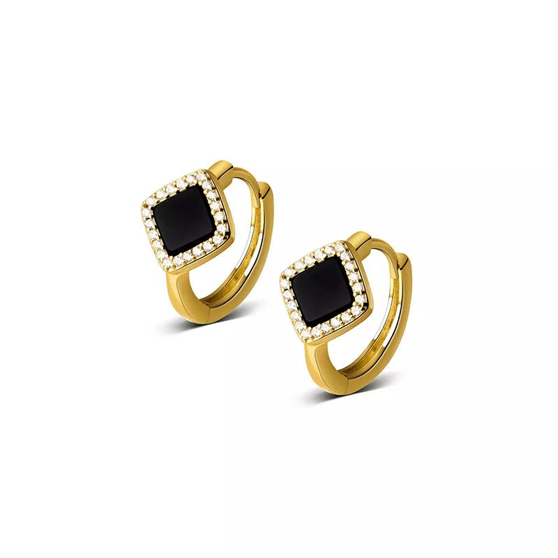 Anyco Fashion Earrings Gold 925 Sterling Silver Luxury Gothic Black Enamel Diamond Huggies Hoop Women Jewelry-Earrings-PEROZ Accessories