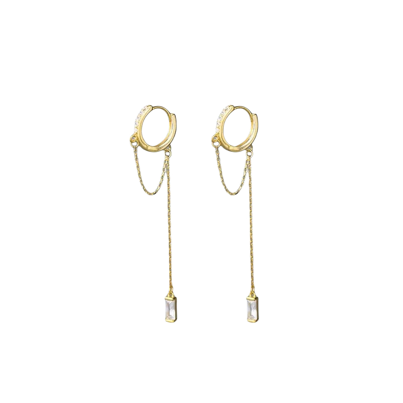 Anyco Fashion Earrings Gold 925 Sterling Silver Tassel Chain Square Zircon Ear Buckle for Women Jewelry Accessories-Earrings-PEROZ Accessories