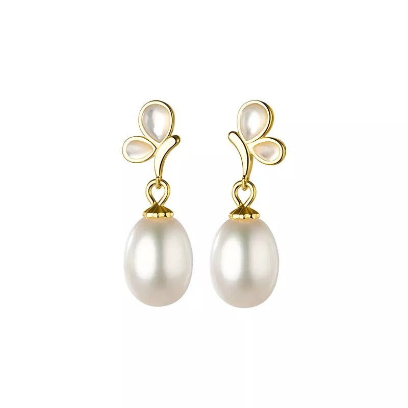 Anyco Fashion Earrings Gold 925 Sterling Silver Elegant Synthetic Pearl Butterfly Pendant Charm for Women Jewelry-Earrings-PEROZ Accessories