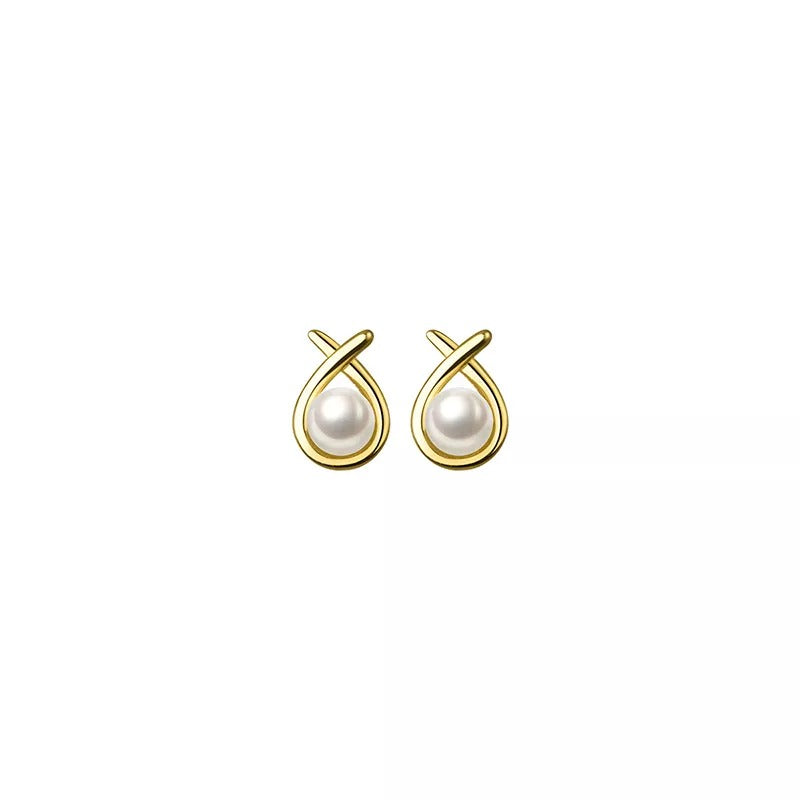 Anyco Fashion Earrings Gold 925 Sterling Silver Simple Geometric Line Synthetic Pearl Small Stud for Women Piercing Jewelry-Earrings-PEROZ Accessories