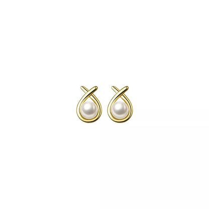 Anyco Fashion Earrings Gold 925 Sterling Silver Simple Geometric Line Synthetic Pearl Small Stud for Women Piercing Jewelry-Earrings-PEROZ Accessories