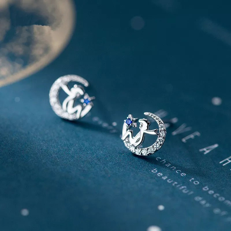 Anyco Fashion Earrings Genuine Sterling Silver Blue Zircon Petite Moon Little Prince Stud Earrings for Women Jewelry Gift-Earrings-PEROZ Accessories